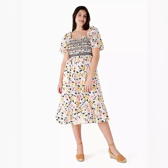 Kate Spade Lily Blooms Smocked Midi Dress EUC - Picture 2 of 3